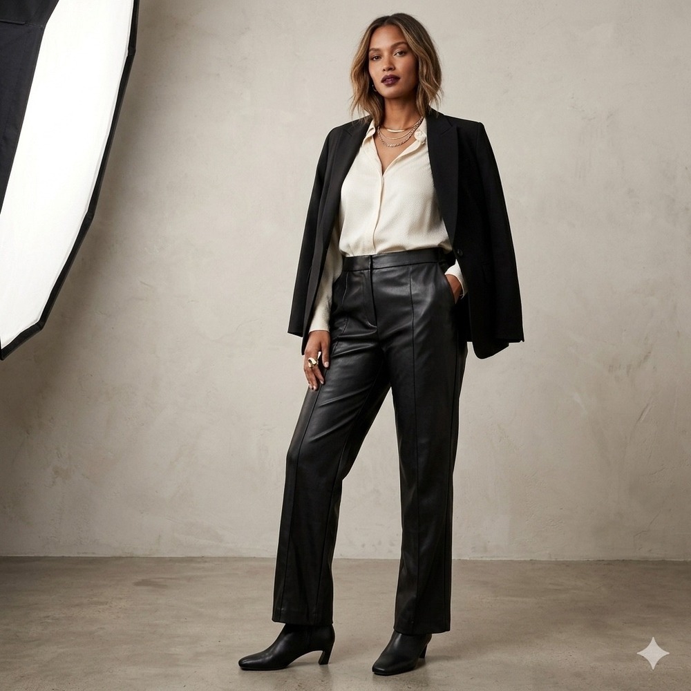 Eloquii Black Faux Leather Straight Leg Pants Plus Size 16 High Rise